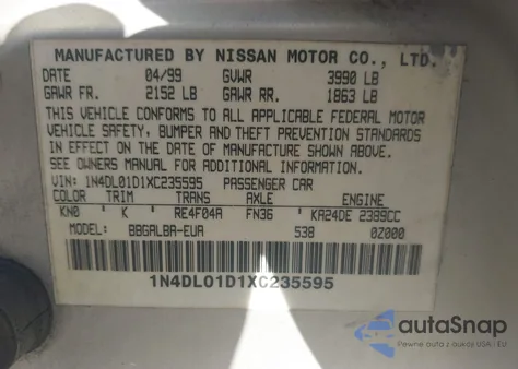 1999 Nissan Altima Gle/Gxe/Se/Se-L/Xe из США, поврежденный, VIN 1N4DL01D1XC235595